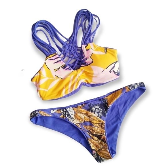 Maaji Blue Floral Reversible Strappy Cheeky Bikini Set S M - Picture 3 of 13